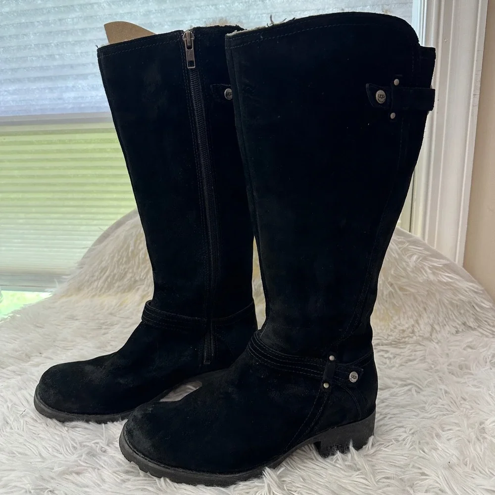 UGG Jillian Shearling Lined Black Suede Riding Zip Tall Winter Boots sz 7